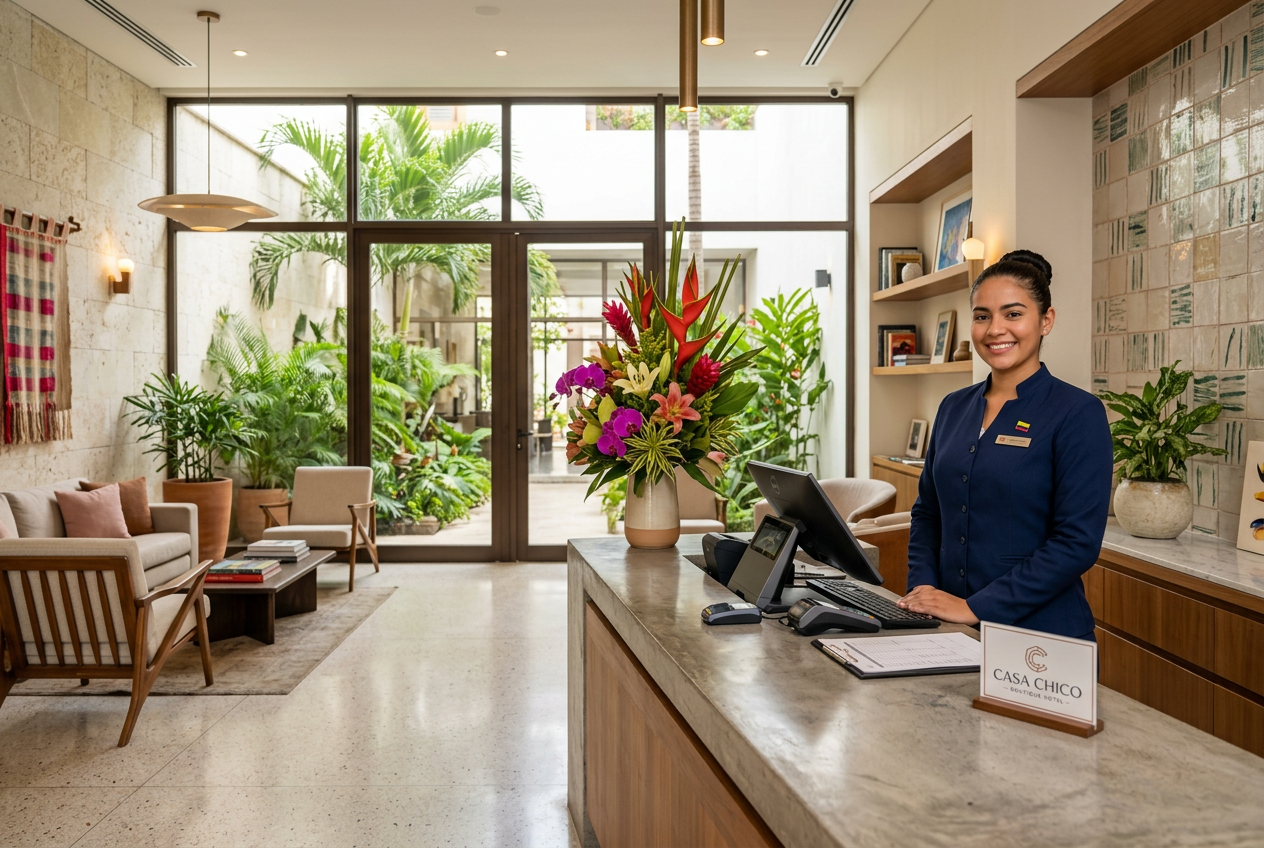 Recepción de hotel boutique en Colombia